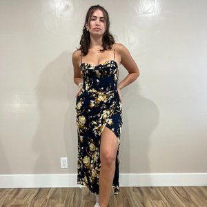 Reformation Navy Floral Midi Dress with Yellow and Cream Flowers